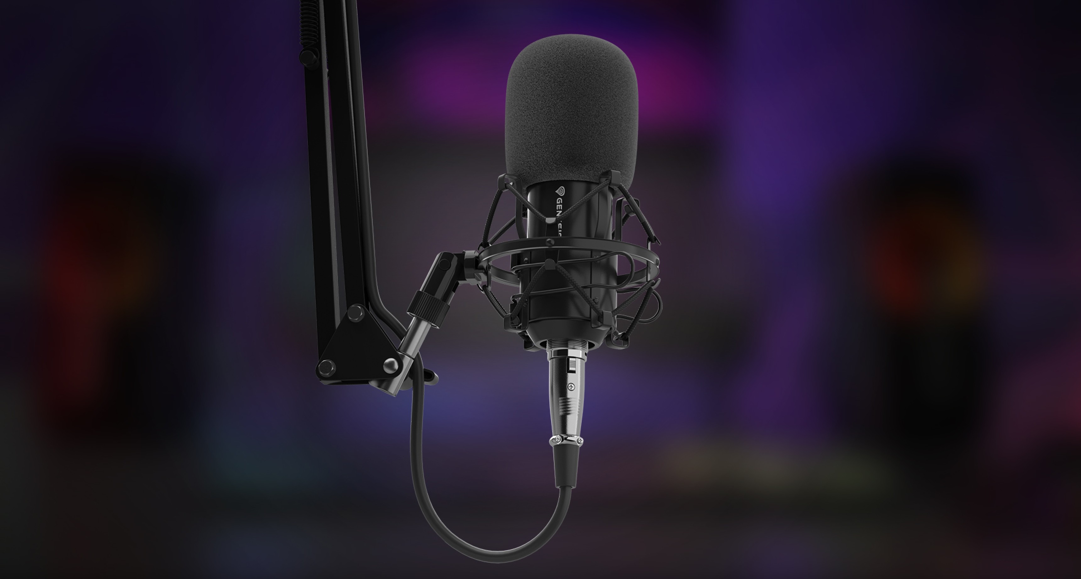 Profesionálny mikrofón namontovaný na nastaviteľnom ramene, s pop filtrom a pripojením XLR na štúdiové použitie