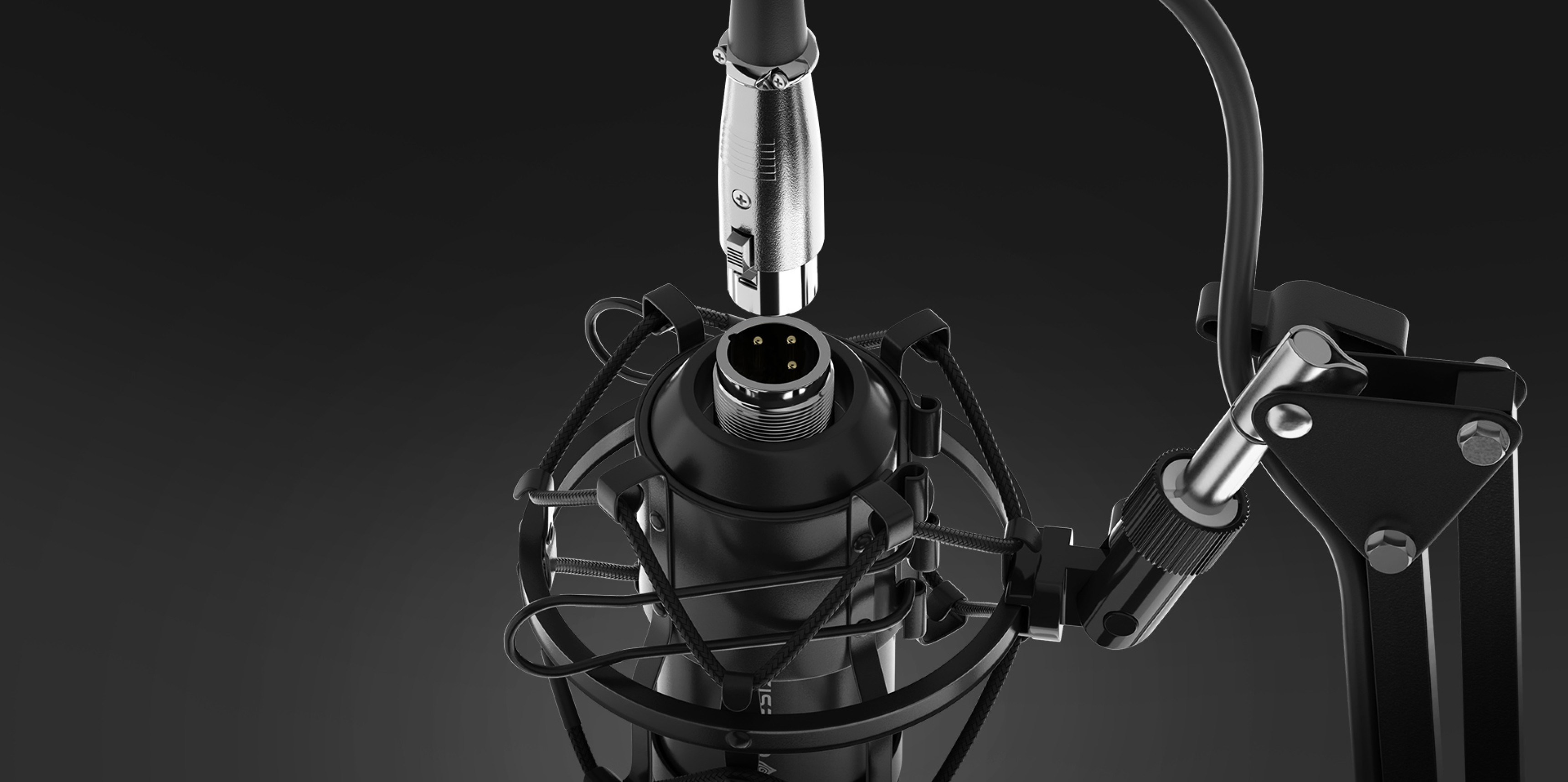 Detailný záber na štúdiový mikrofón Genesis Radium 300 s konektorom XLR a pop filtrom, namontovaný na robustnom ramene